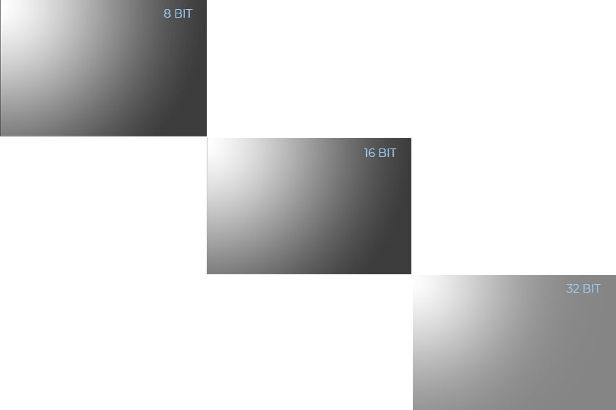 Verschil tussen 8-bits kleuren, 16-bits afbeeldingen en 32-bits diepten in een afbeeldingsbestandsindeling.